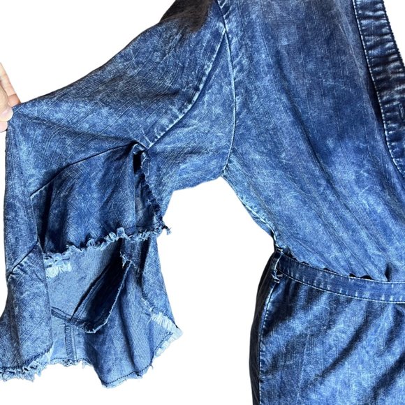 Given Kale Acid Washed 90s Look Ruffle Bell Sleeve Denim Wrap Belted Dress - Picture 4 of 6